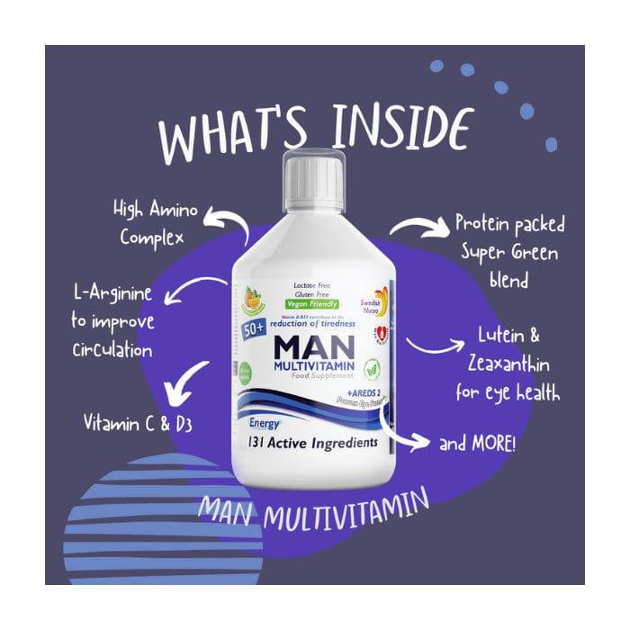 Swedish Nutra Man Active 50+ Multivitamin 500ml - 131 Active Ingredients, Gluten Free, Vegan Friendly