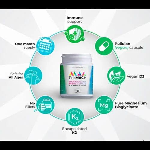 PrizMAG+ Magnesium Bisglycinate Plus Vitamins D3 & K2 90 Capsules, No additives, 100% Vegan