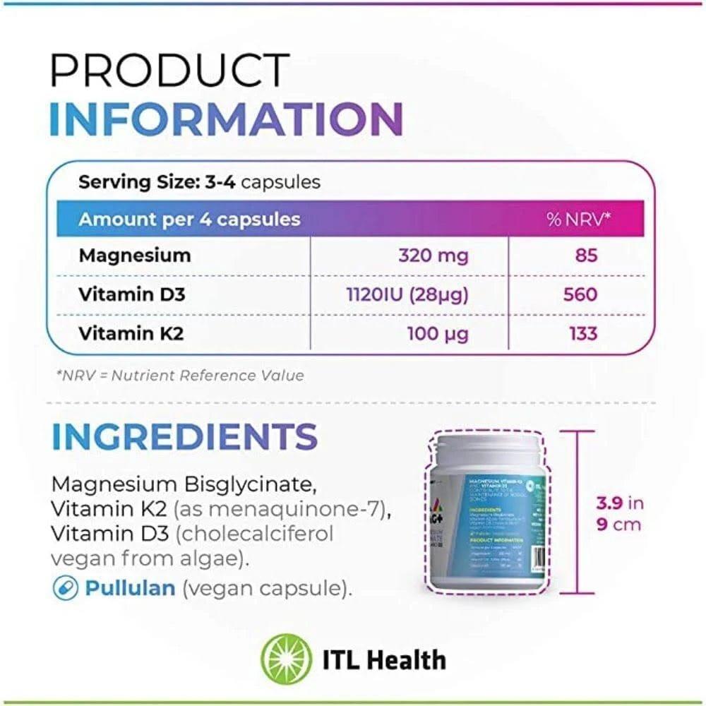 PrizMAG+ Magnesium Bisglycinate Plus Vitamins D3 & K2 90 Capsules, No additives, 100% Vegan