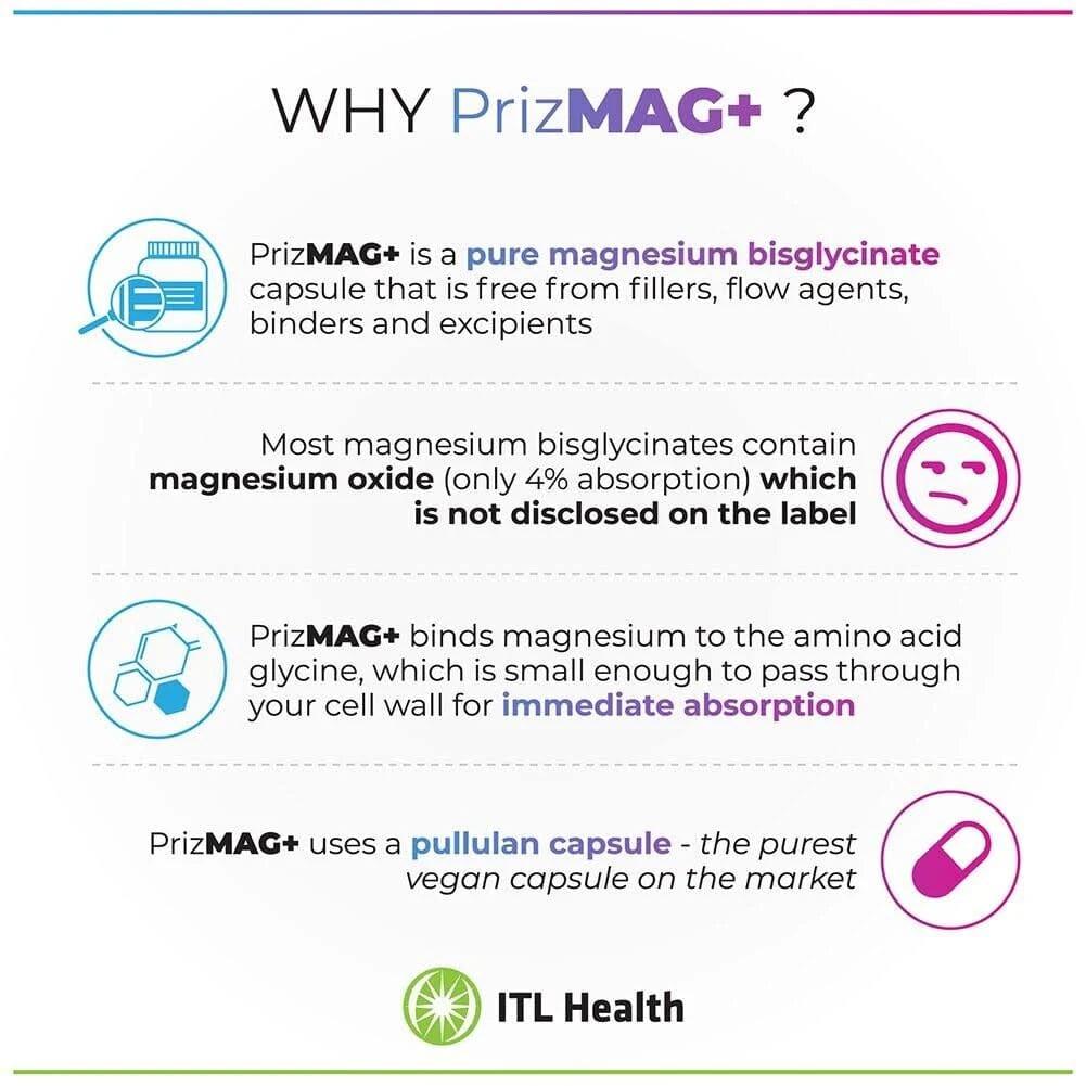 PrizMAG+ Magnesium Bisglycinate Plus Vitamins D3 & K2 90 Capsules, No additives, 100% Vegan