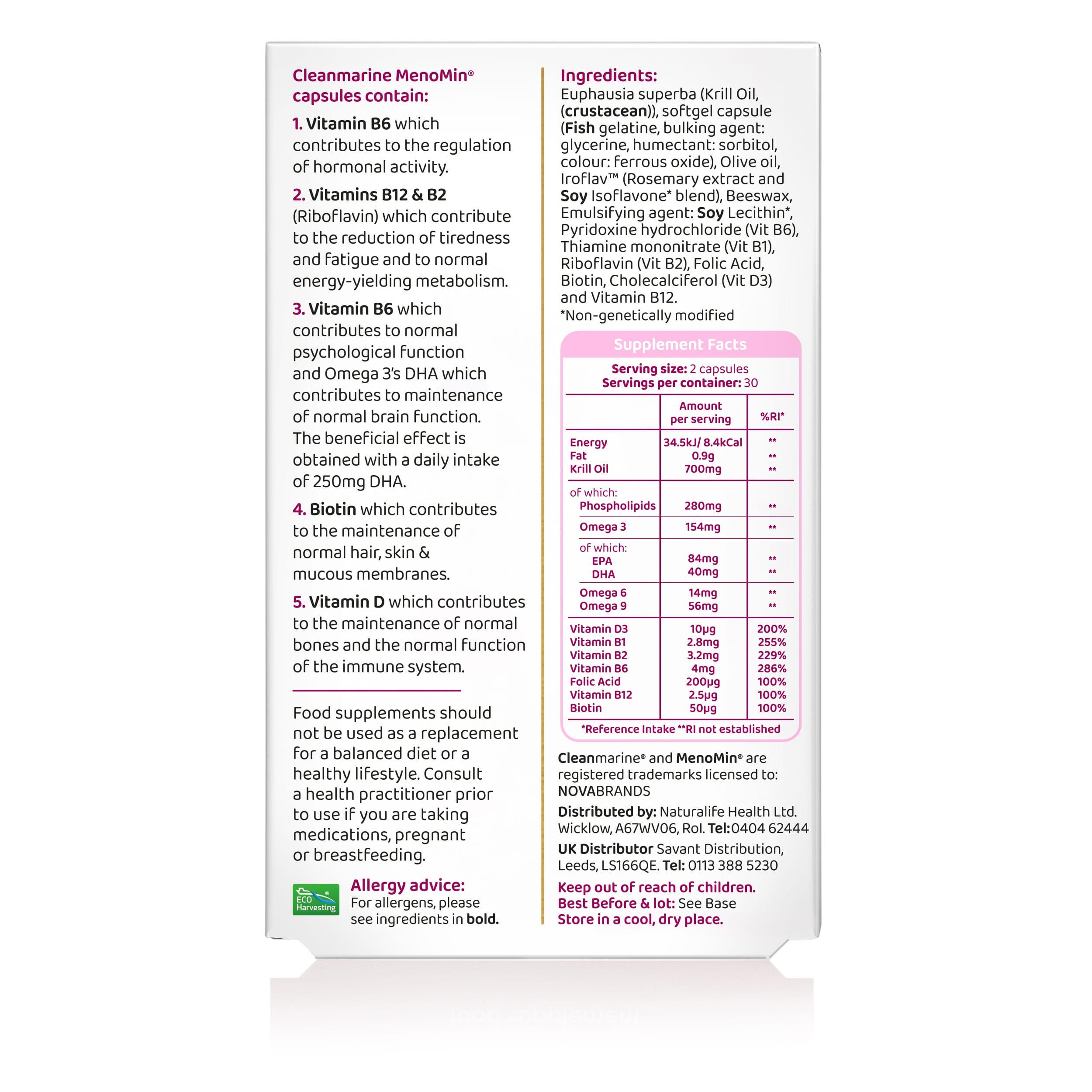 Cleanmarine MenoMin 60 Capsules - For Peri & Menopause - Hormones, Brain, Tiredness, Food Supplement