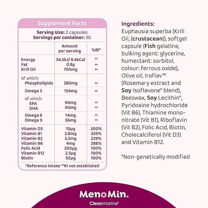 Cleanmarine MenoMin 60 Capsules - For Peri & Menopause - Hormones, Brain, Tiredness, Food Supplement