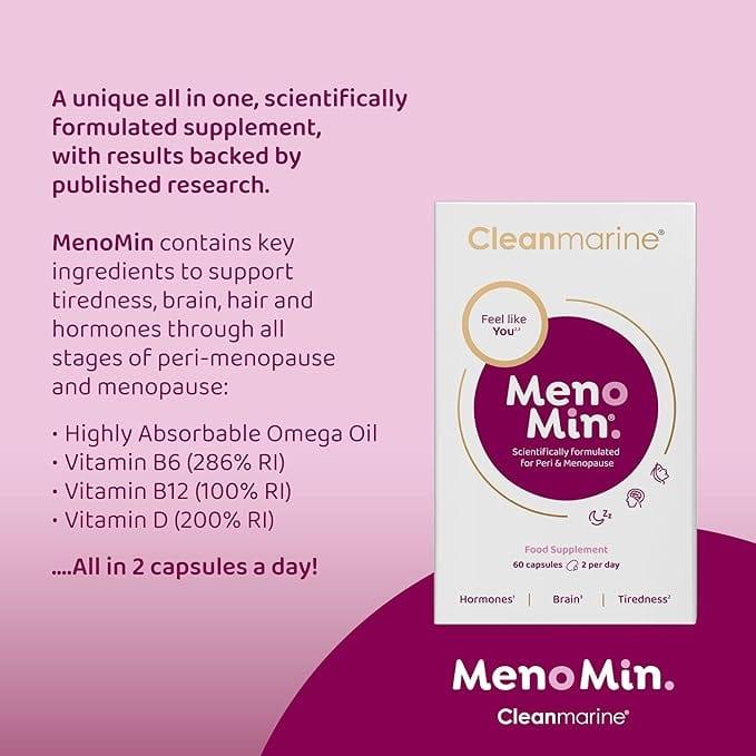 Cleanmarine MenoMin 60 Capsules - For Peri & Menopause - Hormones, Brain, Tiredness, Food Supplement
