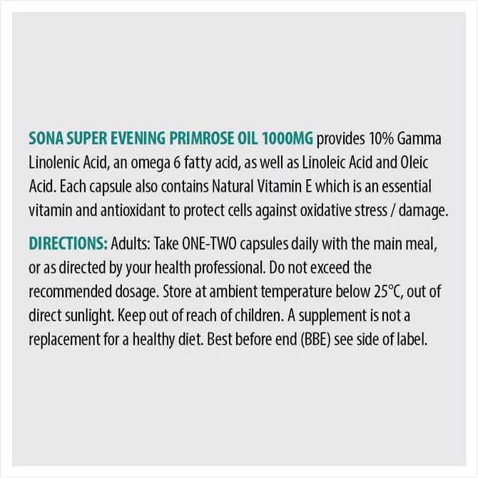 Sona Super Evening Primrose Oil 1000mg - 10% GLA 90 Capsules Omega 6 Natural Vitamin E