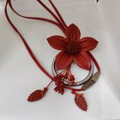 Adjustable Red Leather Flower Pendent Necklace image