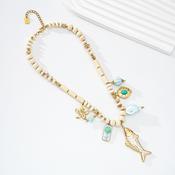 Gold Cream &amp; Turquoise Fish Charm Necklace