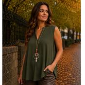 Olive Green Sleeveless V-Neck Swing Top with Necklace image