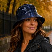 Reversible Rain Hat Navy Patent &amp; Cotton Bucket Hat image