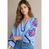Jess Light Blue Pinstripe Top Embroidered Sleeves image