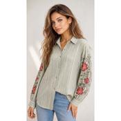 Green Boho Striped Embroidered Shirt image