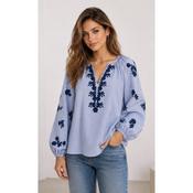 Blue Striped Boho Embroidered Blouse image