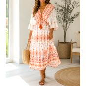 Sunset Boho Embroidered Midi Dress – Orange &amp; Cream (One Size) image