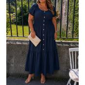 Navy Shirred Waist Button Front Maxi Dress
