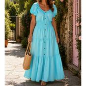 Aqua Blue Shirred Waist Button Front Maxi Dress image