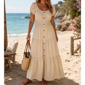 Beige Shirred Waist Button Front Maxi Dress image