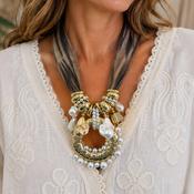 Pearl &amp; Gold Statement Pendant Necklace Leopard Fabric image