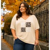 Beige V-Neck Top Leopard &amp; Pearl Design image