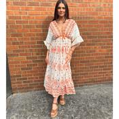 Sunset Boho Embroidered Midi Dress – Orange &amp; Cream (One Size)