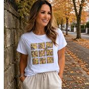 White Embellished Beige Mosaic Print T-Shirt image