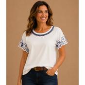 White Navy Embroidered Sleeve T-Shirt Beaded Neck image