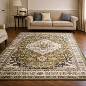 Aziza Medallion Green &amp; Brown Vintage Oriental Rug