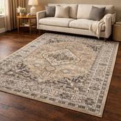 Aziza Medallion Beige &amp; Brown Vintage Oriental Rug