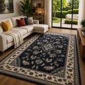 Hand Made Sherbourne Navy Blue &amp; Cream Classic Vintage Rug