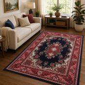 Traditional Poly Lancashire Red &amp; Navy Classic Vintage Rug