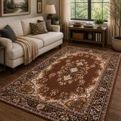 Traditional Poly Lancashire Brown &amp; Gold Classic Vintage Rug