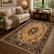 Traditional Poly Lancashire Gold &amp; Black Classic Vintage Rug