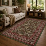 Traditional Poly Esta Dark Green &amp; Red Bohemian Vintage Rug