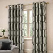 Alpine Silver  &amp; Black Interlined Eyelet Ready Made Curtains | Abstract Pattern image