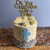 Tall Confirmation Cake with Topper &amp;amp; Blue Sprinkles