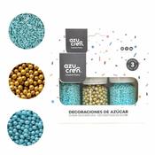 SET 3 DECORATION: TURQUOISE VERMICELLI / 4MM GOLD METALLISED PEARLS / TURQUOISE NONPAREILS - AZUCREN