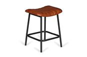 Vintage Antique Brown Leather Low Stool Black Leg