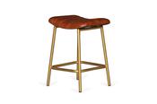 Vintage Antique Brown Leather Low Stool Gold Leg