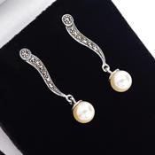 Silver Pearl Marcasite Drop Earrings image