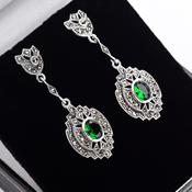 Green marcasite long drop earrings image