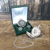 Mechanical Pocket Watch &amp; Cufflinks Set - Large Shamrock