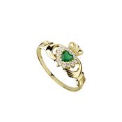 9ct. Yellow Gold Claddagh Ring - Green Agate &amp; CZ image