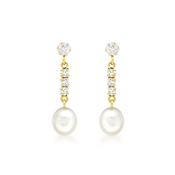 Pearl &amp; CZ Yellow Gold Drop Earrings