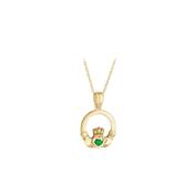 9ct. Yellow Gold &amp; Green CZ Claddagh Pendant Necklace image