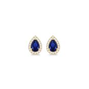 Yellow Gold &amp; CZ Pear Halo Stud Earrings - Blue image