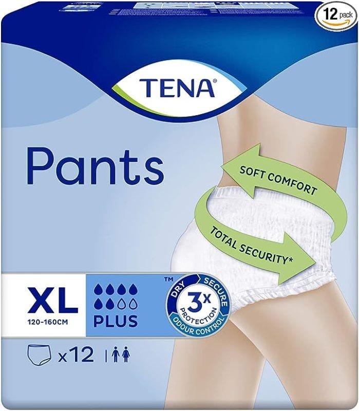 TENA Pants Plus XL 12pcs Unisex Incontinence Pants - Soft Comfort, Total Security, Odour Control