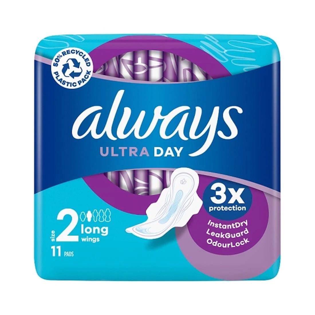 Always Ultra Size 2 Long Sanitary Pads with Wings 11 Pack - 3x protection, InstantDry, LeakGuard, OdourLock