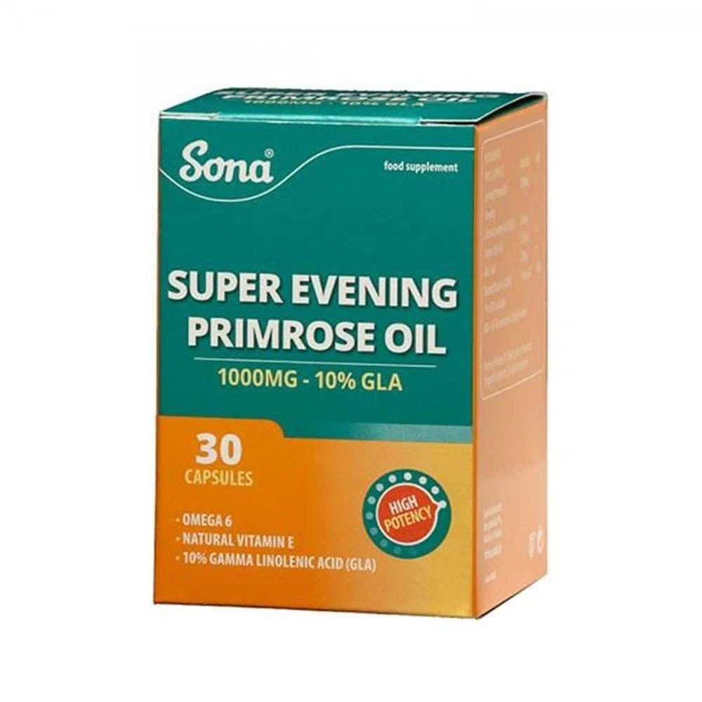 Sona Super Evening Primrose Oil 1000mg 10% GLA 30 Capsules Omega 6 Natural Vitamin E High Potency