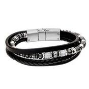 Gents Steelwear Stainless Steel London Multi Leather &amp; Black Bead Bracelet