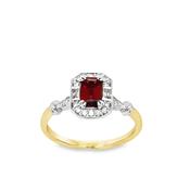 9ct Emerald Cut Garnet &amp; Diamond Halo Antique Style Diamond Ring With Shoulders .08ct