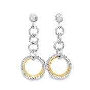 Sterling Silver and Gold Plated Diamond Cut Circle Drop Earrings image