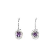 Sterling Silver Oval Amethyst and CZ Halo Drop Earrings